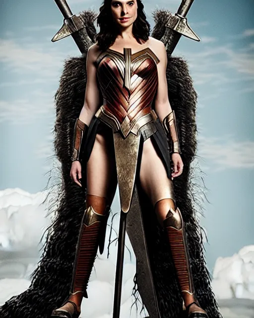 Image similar to gal gadot as queen conan, directed by john millius, photorealistic, sitting on a metal throne, wearing ancient cimmerian armor, a battle axe to her side, cinematic photoshoot in the style of annie leibovitz, studio lighting