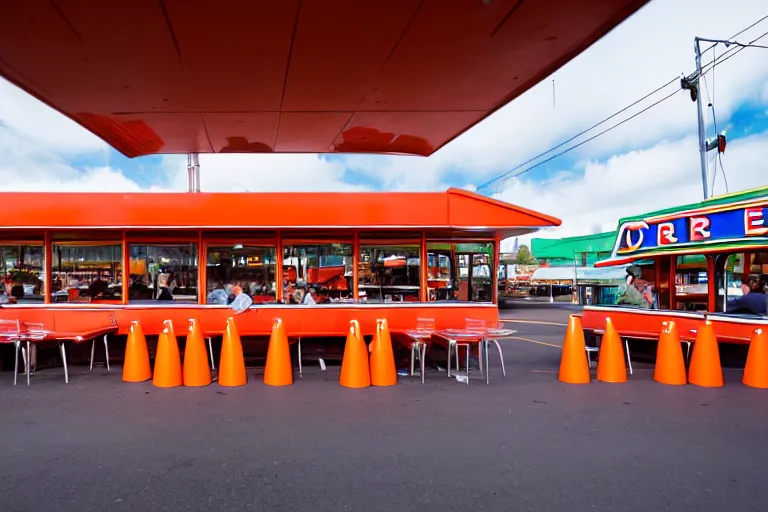 Prompt: 1 9 7 5 googie traffic cone themed classic american diner, people sitting at tables, googie architecture, one point perspective, americana, restaurant exterior photography, hd 4 k, taken by alex webb