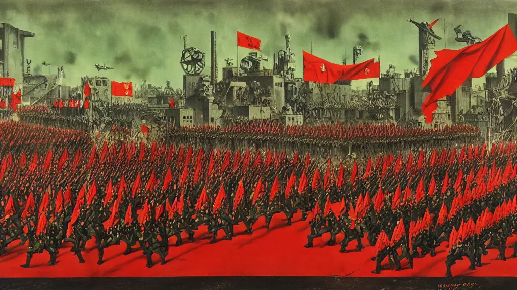 Image similar to army parade glorious march, futuristic alternate timeline, anarcho - communist hordes, red and black flags, modernist factories in background, art by max ernst, cnt spanish civil war era propaganda, extremely detailed, 4 k