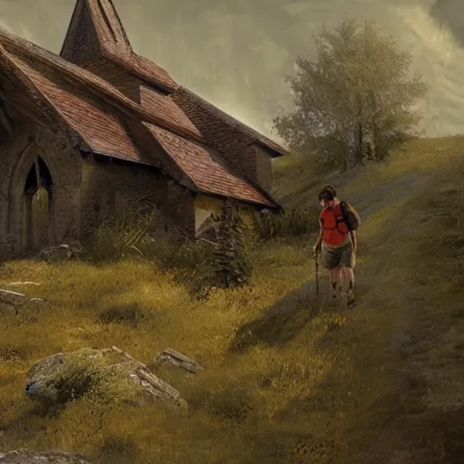 Image similar to hikers coming across a abandoned church in the style of craig mullins