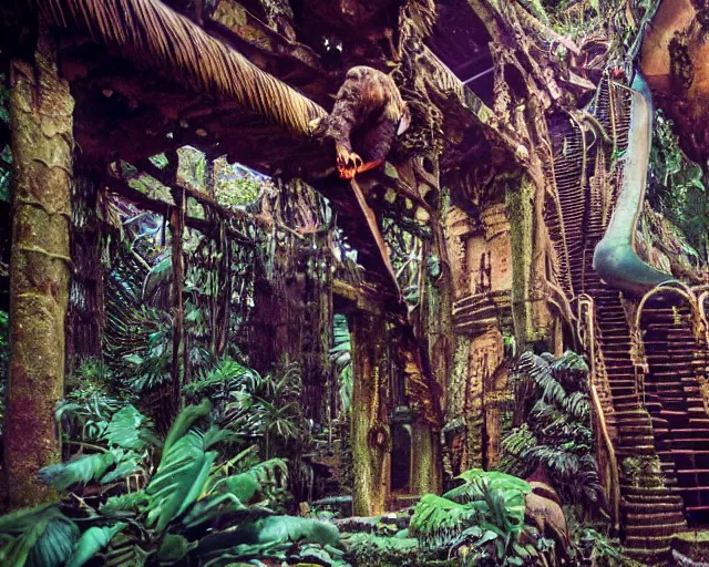 Prompt: mayan jaguar warrior exploring an alien jungle las pozas, 1 9 6 0's sci - fi, lofi technology, deep aesthetic colors, 8 k, highly ornate intricate details, extreme detail, antonin gaudi & edward james