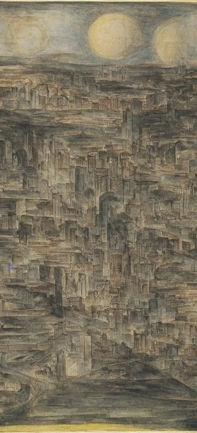 Image similar to a cityscape by william blake, muted colors,