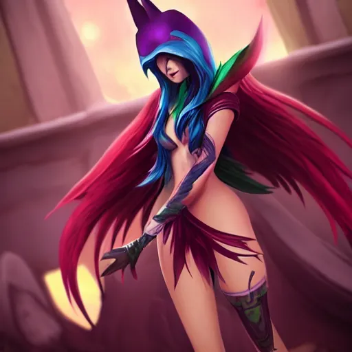 Prompt: league of legends, xayah, kai'sa, best friends, funny, flirty, smiling, playing, photo