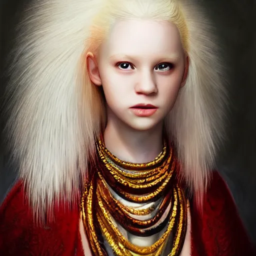 Image similar to A masterpiece portrait of a Incredibly beautiful albino African albino girl albino model.Sharpen With big bright African jewelry. In wonderful African clothes. Vogue. trending on artstation, digital art, by Stanley Artgerm Lau, WLOP, Rossdraws, James Jean, Andrei Riabovitchev, Marc Simonetti, Yoshitaka Amano