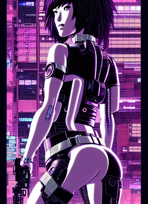 Image similar to motoko kusanagi in grungy cyberpunk megacity, intricate and finely detailed, cyberpunk vaporwave, portrait by j scott campbell, phil jimenez, ilya kuvshinov