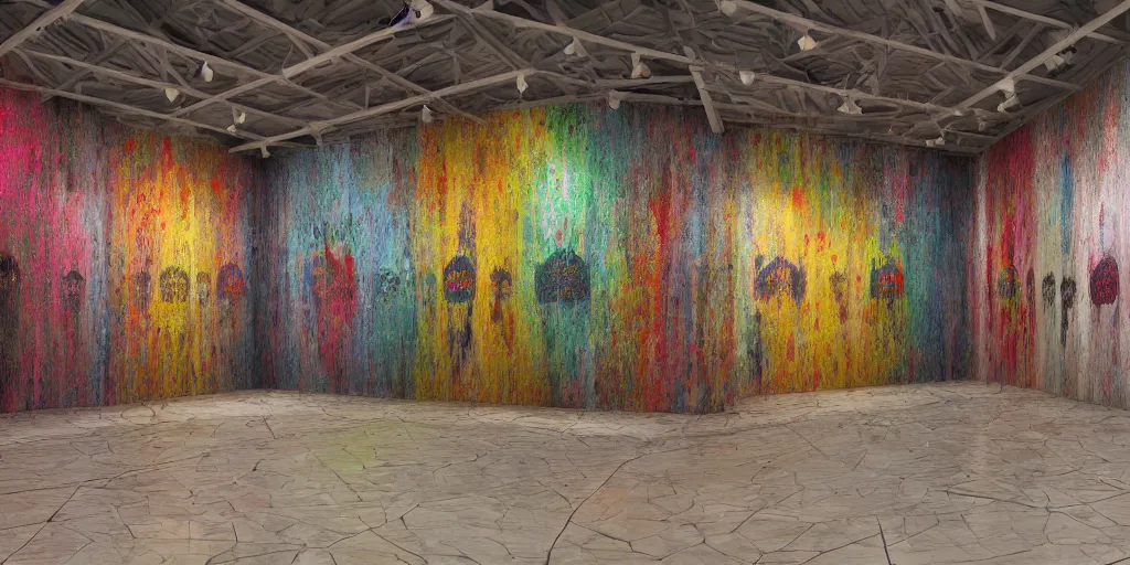 Image similar to A hyper realistic photography of an exhibition space with indigenous masks and dripping colors on the wall, photorealistic, 8k render