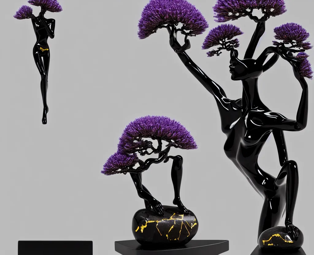 Image similar to beautiful mannequin sculpted out of onyx by billelis + lit with geometric neon printed lavender kintsugi + doorway opening to a new dimension with geometric fractal vaporwave light + flowering bonsai trees!!!!, transcendent, clean linework, dramatic, moody, finely detailed, 4 k, trending on artstation, award winning, photorealistic, volumetric lighting, octane render