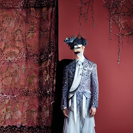 Prompt: a beautiful young korean male wearing a translucid lace wedding gown designed by alexander mcqueen, photographed by andrew thomas huang for a fashion editorial ,