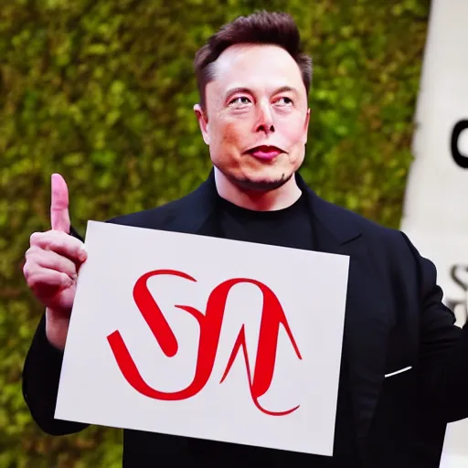 Image similar to a medium shot photograph of elon musk holding a sign with the word soon on it, 4k, ultra HD