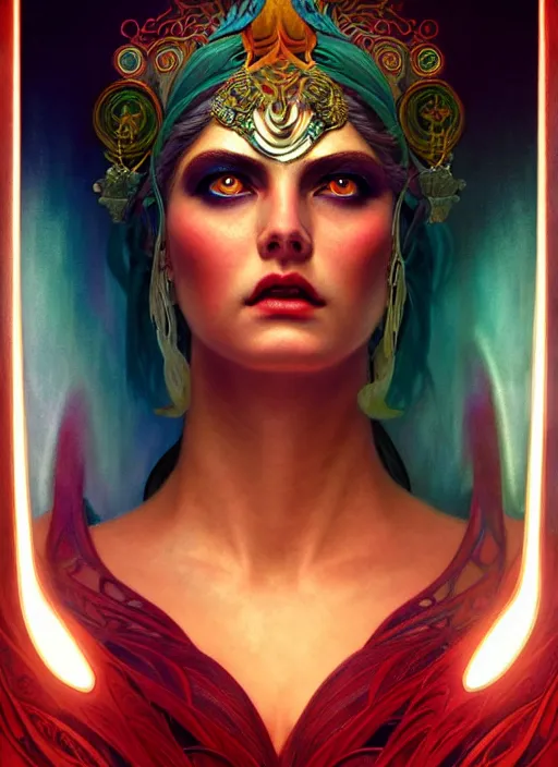 Image similar to the goddess hera looking angry wearing a paper tunic, glowing eyes, volumetric lights, red and cyan theme, art nouveau botanicals, intricate, highly detailed, digital painting, artstation, concept art, smooth, sharp focus, symmetric face, illustration, art by artgerm and greg rutkowski and alphonse mucha