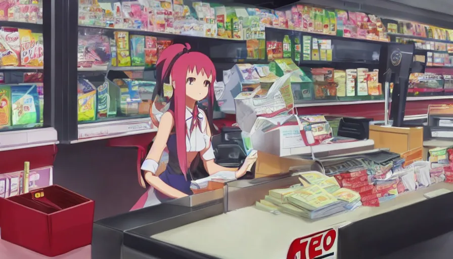 Image similar to Zero Two working the cash register at a rundown 7-Eleven by Ufotable