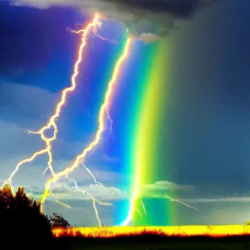 Image similar to Chromatic rainbow lightning strike, photograph, multicolor, prismatic