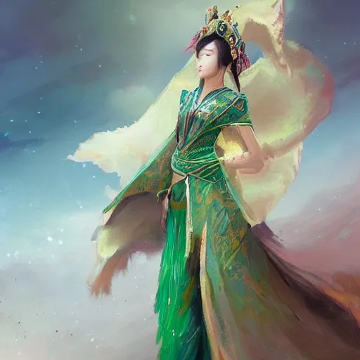 Image similar to portrait of a mongolian princess spreading its wings by greg rutkowski, she looks like an asian princess with beautiful green eyes, wearing a majestic dress, highly detailed portrait, scifi, digital painting, artstation, concept art, smooth, sharp foccus ilustration, artstation hq