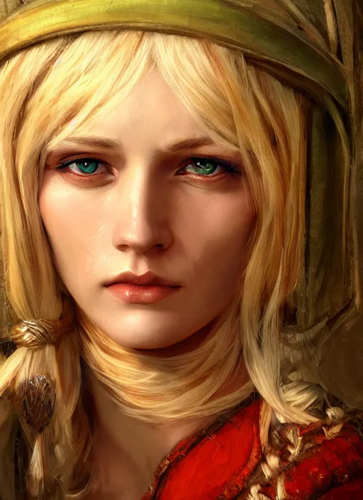 Image similar to blonde peasant woman, fantasy, medieval, vivid colors, fantasy, elegant, concept art, sharp focus, beautiful face!!, digital art, hyper - realistic, 4 k, unreal engine, highly detailed, hd, dramatic lighting by brom, trending on artstation