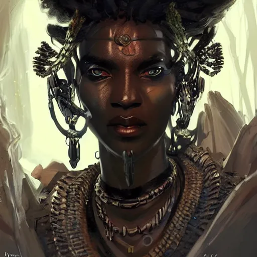 Image similar to a dark and ominous african queen with glowing eyes, a black diamond in her forehead, and jewelry made of bones, Apex Legends character digital illustration portrait design, by android jones and greg rutkowski in a cyberpunk voodoo style, detailed, cinematic lighting, wide angle action dynamic portrait