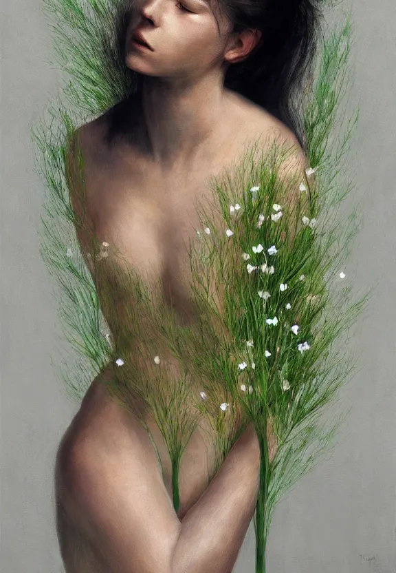 Prompt: female figure with grass flowers and leaves growing from her skin, black background, hyperrealistic painting, artificial light, serene, quiet, dreamy, mysterious