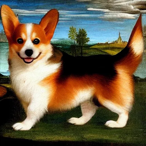 Image similar to a cute little corgi, renaissance painting, high quality, bright colors