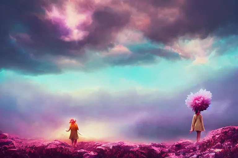 Image similar to giant dahlia flower crown under head, girl walking on dramatic mountain, surreal photography, pink storm clouds, sunset, impressionist painting, digital painting, artstation, simon stalenhag