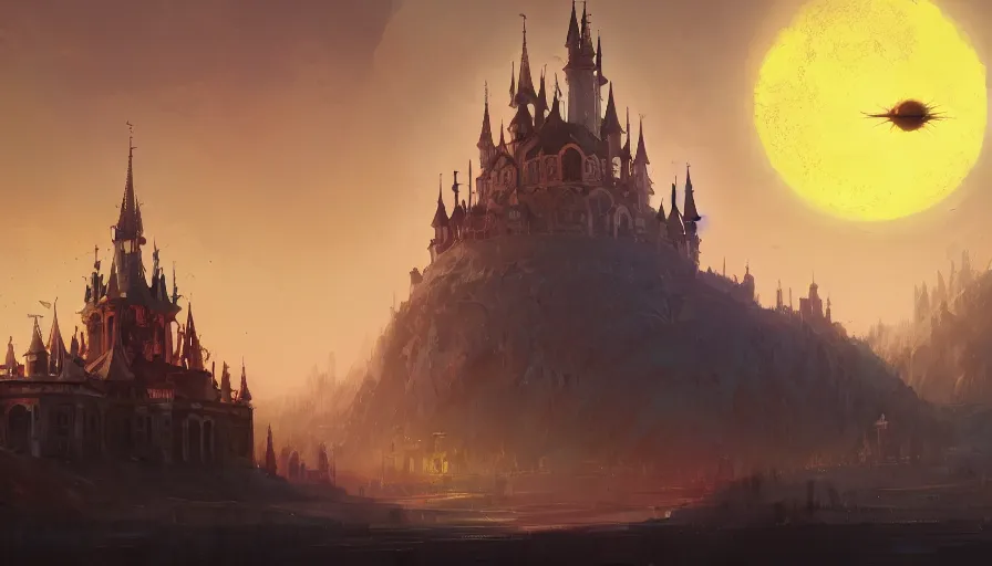 Image similar to ismail inceoglu and jama jurabaev's concept art, cel shadows, film shooting, trends on artstation, high quality, brush strokes, bright colors, incomparably magnificent golden gothic castle palace complex, a huge golden eclipse halo. ghibli, ring of mecha, extremely beautiful, magnificent perspective lens