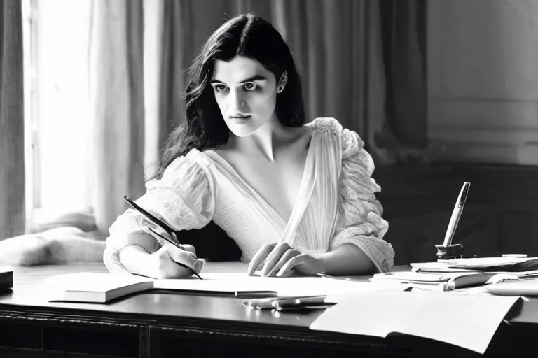 Prompt: georgian katie mcgrath writing at her desk by vittorio reggianini, bright lighting, perfectly detailed eyes, beautiful hands, pale skin, clear face