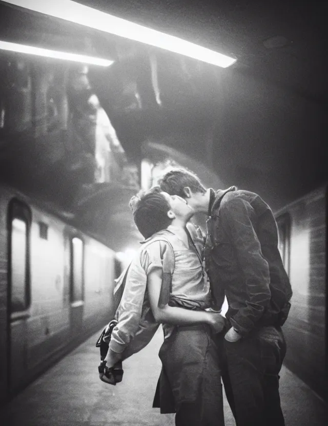 Image similar to couple of boy and girl kiss in a subway underground, radiates strong aura light, wide angle polaroid photograph with flash, kodak film stock, hyper real, stunning moody cinematography, with anamorphic lenses, by maripol, detailed