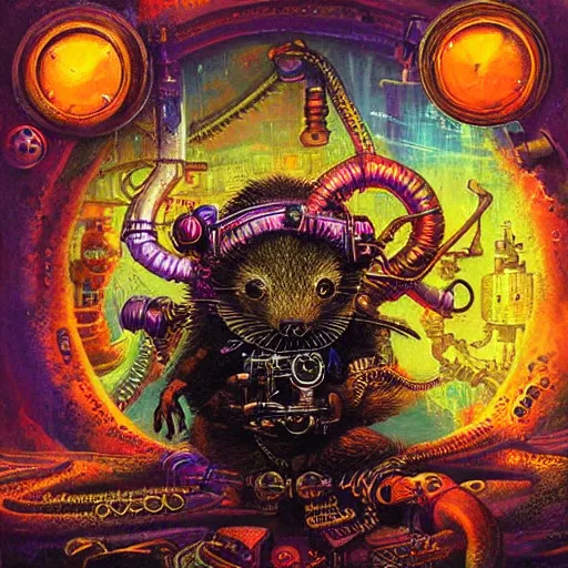 Image similar to steampunk rat, acid, 303, psychedelic, by paul lehr, cd cover for psytrance artist