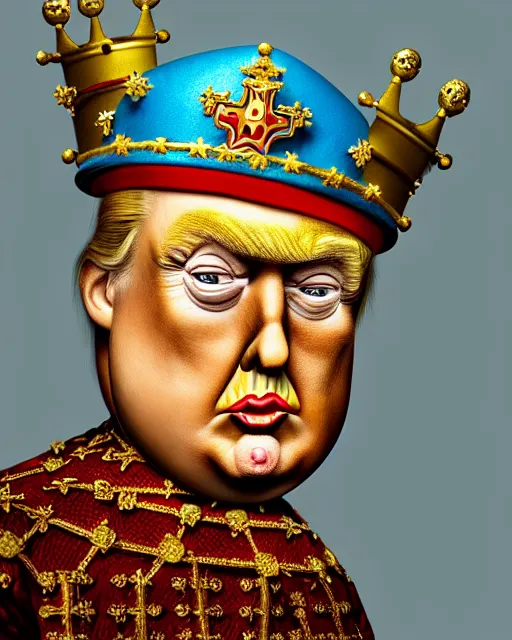 Prompt: closeup profile portrait of a tin toy donald trump as king henry viii, hyper realistic, artstation, illustration, concept art by nicoletta ceccoli, mark ryden, lostfish, max fleischer, digital paint, matte paint, vivid colors, bright, cheerful, detailed and intricate environment