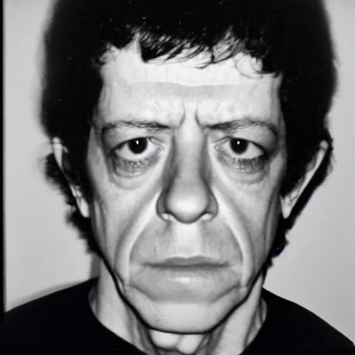 Image similar to Mugshot Portrait of Lou Reed, taken in the 1970s, photo taken on a 1970s polaroid camera, grainy, real life, hyperrealistic, ultra realistic, realistic, highly detailed, epic, HD quality, 8k resolution, body and headshot, film still, front facing, front view, headshot and bodyshot, detailed face, very detailed face