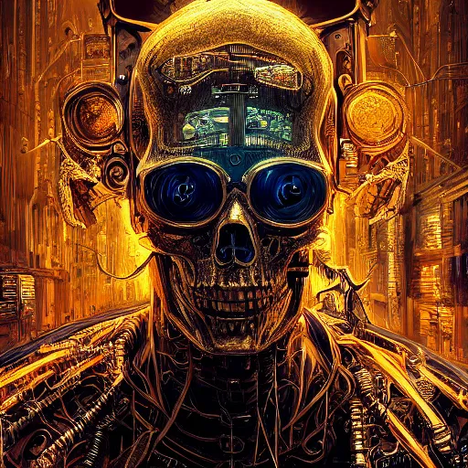 Prompt: a golden cyberpunk skeleton with highly detailed and intricate electric eyes, by android jones and greg rutkowski, Trending on artstation, hyperrealism, elegant, stylized, highly detailed digital art, 8k resolution, hd, global illumination, radiant light, detailed and intricate cyberpunk ghetto environment, rendered in octane, oil on canvas, wide angle, dynamic portrait