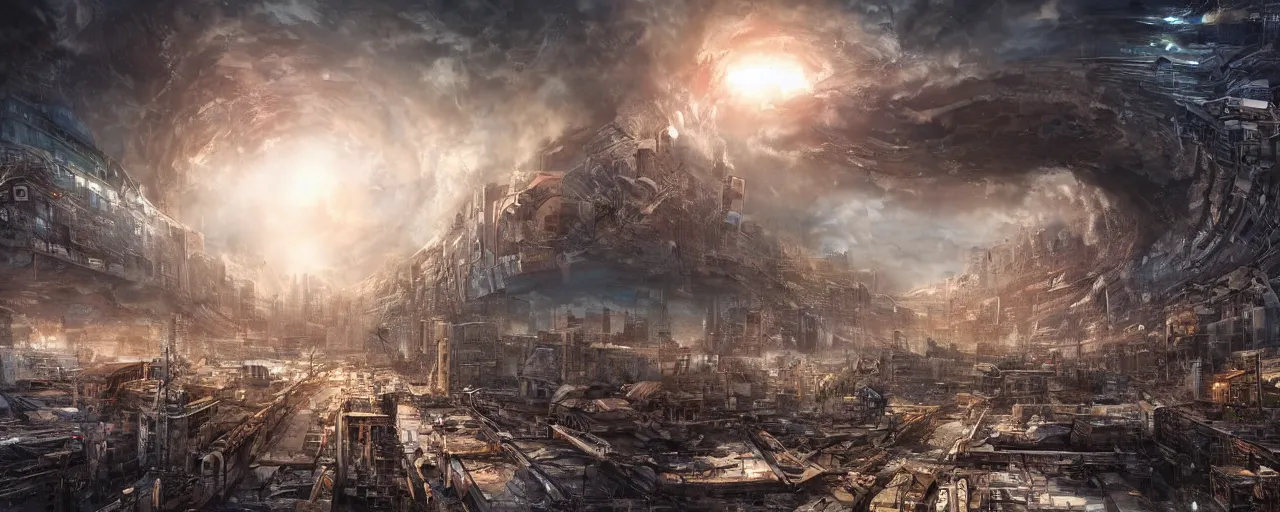 Image similar to a wormhole opening up in the middle of a post-apocalyptic city full of people, large scale, breathtaking, mixed media, digital art, trending on artstation, 8k, epic composition, highly detailed, AAA graphics