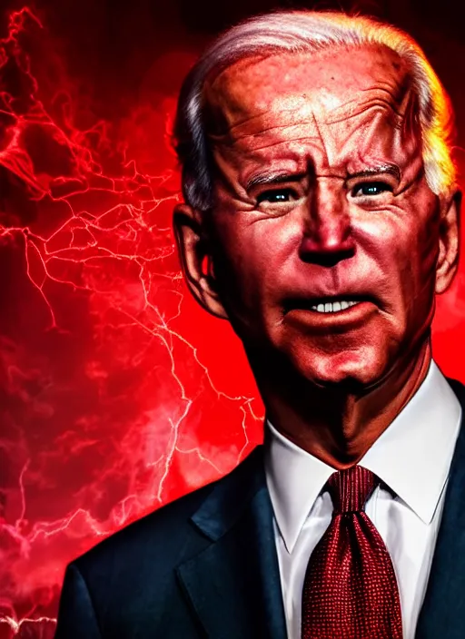 Image similar to hyper realistic ultra realistic eleventh dimensional photo furious glowing red eyes biden, high quality photo, detailed , 8k