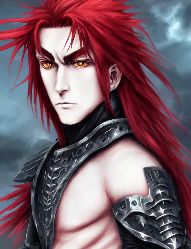 Image similar to a detailed manga portrait of a handsome vampire boy with long crimson hair in dark black spiked armour, trending on artstation, digital art, 4 k resolution, detailed, high quality, sharp focus, hq artwork, coherent, insane detail, character portrait