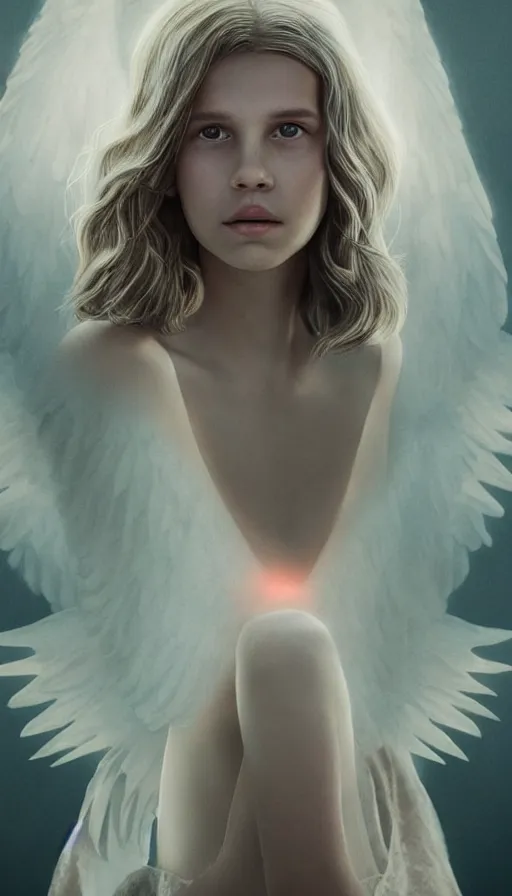 Image similar to portrait art of millie bobby brown or alicia vikander as a blonde angel, art by alessio albi 8 k ultra realistic, angel wings, lens flare, atmosphere, glow, detailed, intricate, full of colour, led lighting, trending on artstation, 4 k, hyperrealistic, focused, extreme details, unreal engine 5, masterpiece