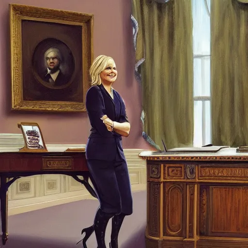 Prompt: oil painting of Amy Poehler sitting at the resolute desk in the oval office