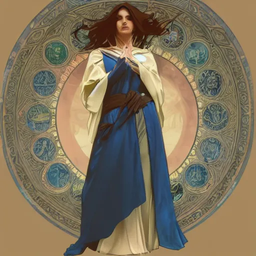 Image similar to Female wizard with blue robes, digital art, art by Alphonse Mucha, Greg Rutkowski, Alex Ross, WLOP, Artstation, 8K