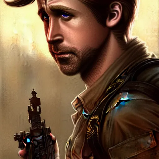 Image similar to Ryan Gosling face as Nathan Drake, western, D&D, fantasy, intricate, elegant, highly detailed, digital painting, artstation, concept art, matte, sharp focus, illustration, art by Artgerm and Greg Rutkowski and Alphonse Mucha