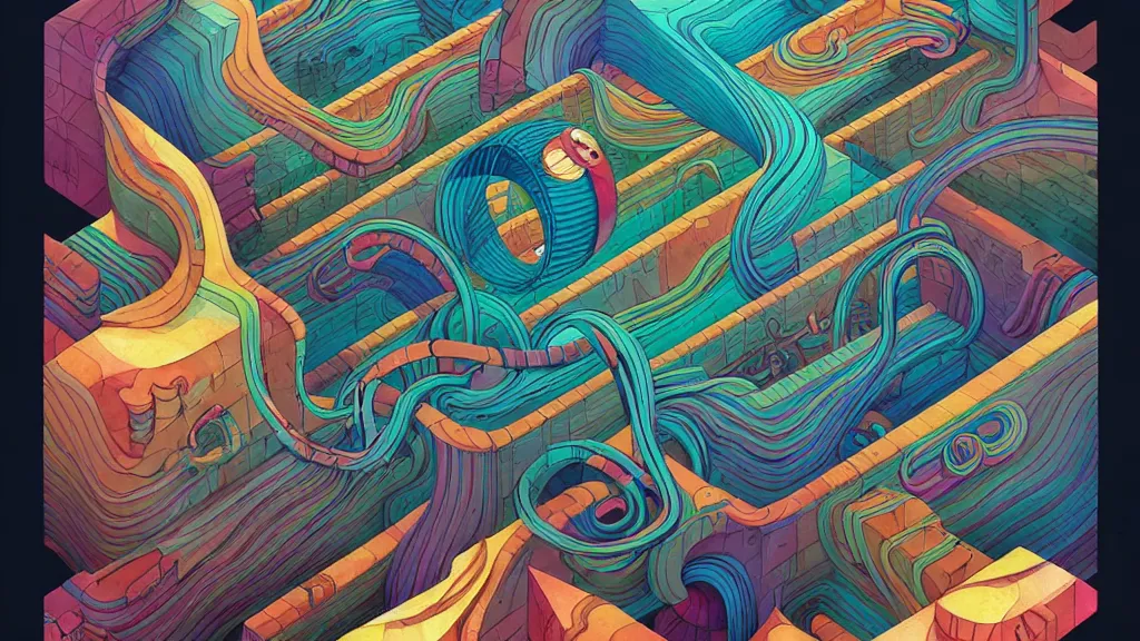 Image similar to twisted turn of fate abstraction, centered award winning ink pen illustration, isometric abstract illustration by dan mumford, edited by craola, technical drawing by beeple and tooth wu, tiny details by artgerm watercolor girl, symmetrically isometrically centered