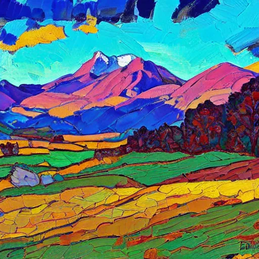 Image similar to autumnal scottish valley view with snowy mountains in the background and piercing blue sky with citrus clouds by erin hanson and tyler edlin