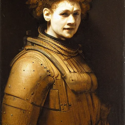 Prompt: a portrait of a female cyborg by Rembrandt