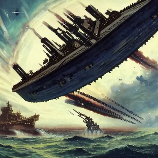 Prompt: a prador dreadnought attacking earth central battleship