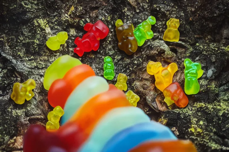 Image similar to wild gummy bears, nature photography, national geographic, cinematic lighting