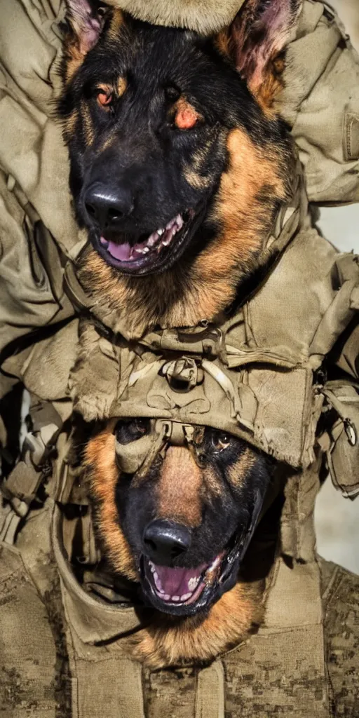 Image similar to close up character portrait icon of the german shepard beast - man military uniform head animal person wearing clothes standing in hell landscape, 4 k, tone mapping