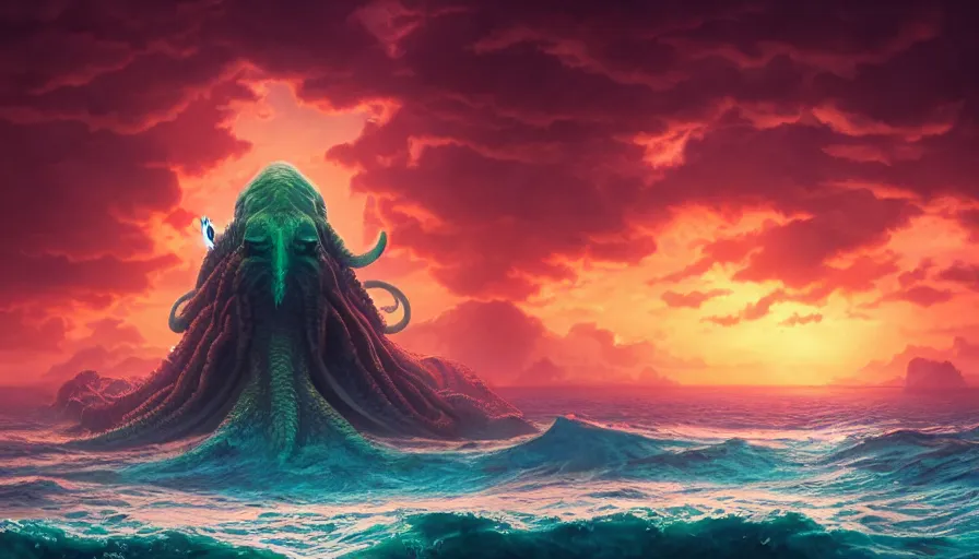 Prompt: A highly detailed matte painting of huge Cthulhu in the ocean, by Studio Ghibli, Makoto Shinkai, by Artgerm, by beeple, volumetric lighting, octane render, 4K resolution, trending on artstation, masterpiece