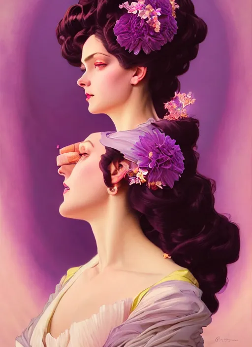 Image similar to leyendecker, brom, lovely regal queen, portrait, updo of black and pink ombre hair, crown, flowerpunk, crystal coated violet flowers, by greg rutkowski, anato finnstark, alphonse mucha, global illumination, radiant light