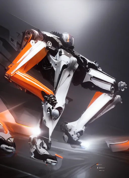 Image similar to a Photorealistic dramatic hyperrealistic full frame render of a Sleek futuristic exosuit Freedom Formula Racing Mech,Ultra realistic details,glossy white metal,Orange racing stripes,weathered surfaces,by Hidetaka Tenjin,Yoh Yoshinori,Yoji Shinkawa,Masamune Shirow,Beautiful dramatic dark moody tones and lighting,cinematic atmosphere,studio lighting,shadows,dark background, Octane render,8K