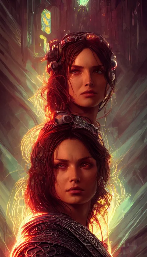 Image similar to furious gorgeous woman, lord of the rings, cyberpunk, neon, fibonacci, sweat drops, insane, intricate, highly detailed, digital painting, artstation, concept art, smooth, sharp focus, illustration, Unreal Engine 5, 8K, art by artgerm and greg rutkowski and alphonse mucha