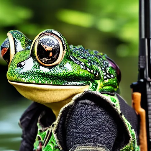 Image similar to professional photograph of an anthropomorphic frog wearing a kevlar vest and holding a black rifle in a swamp, 8 k, very intricate, very detailed, serious,