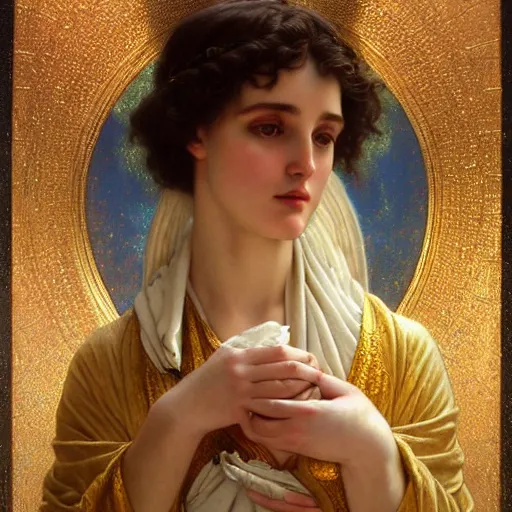 Image similar to highly detailed oil painting | very intricate | cinematic lighting | award - winning | the beautiful angel of saturn wearing a flowing toga | by godward, by tom bagshaw, by j. c. leyendecker and klimt, beautiful cinematic light, american romanticism, by alphonse mucha, artstation, cgsociety, official art, octane, detailed face