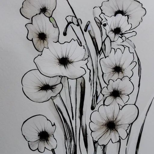 Prompt: monochrome flowers watercolour