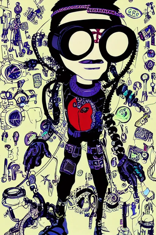 Image similar to cybergoth guy wearing goggles and eccentric jewelry by jamie hewlett, jamie hewlett art, full body character concept art,